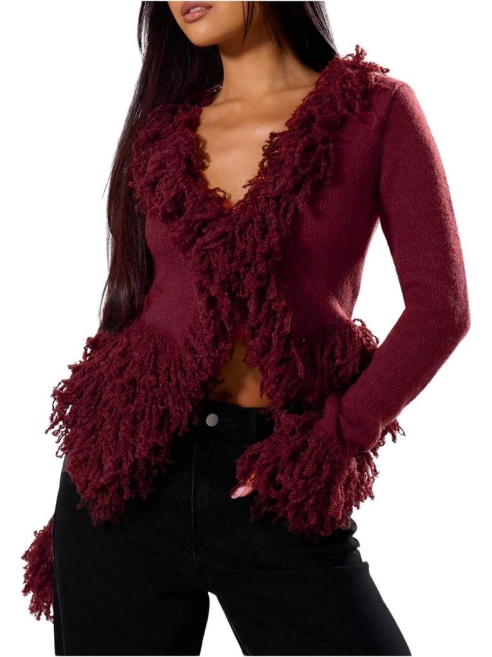 Cozy Fuzzy Trim V-Neck Cardigan Sweater | Long Sleeve Knitwear for Women